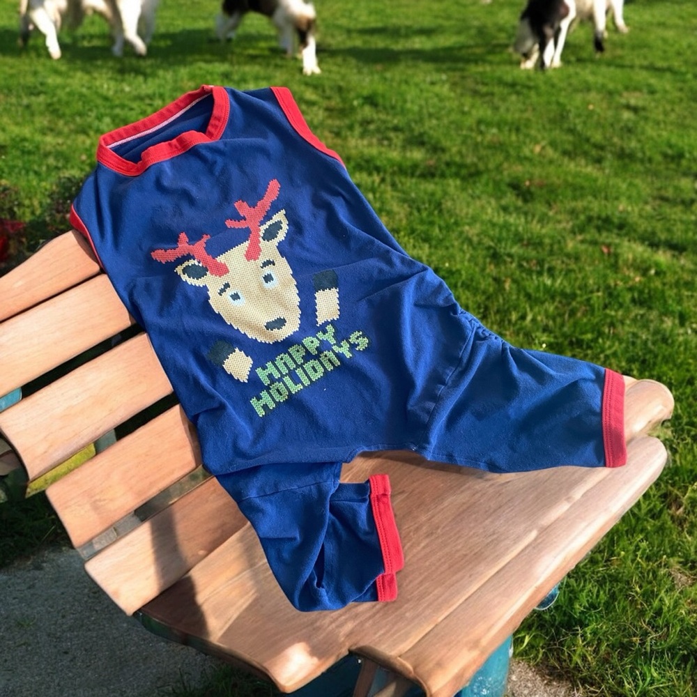 NWT Holiday Dog Romper Jumpsuit Blue Red Reindeer Pajamas Small Medium